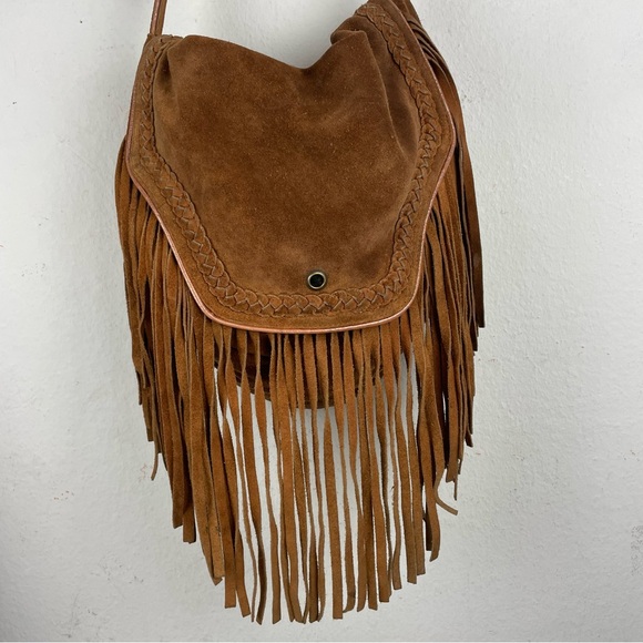 unknown Handbags - Vintage Suede Leather Fringed Shoulder Bag Boho